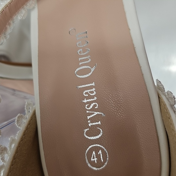 Crystal Queen White Lace Pearl Wedding Heels Bridal Sandals 41 Floral Stiletto - Picture 12 of 15